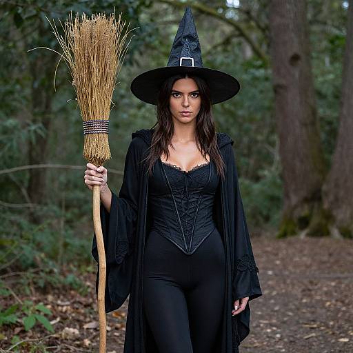 Photograph of a dark-haired woman in a black witch costume, including a pointed hat and corset, holding a broomstick in a forest.