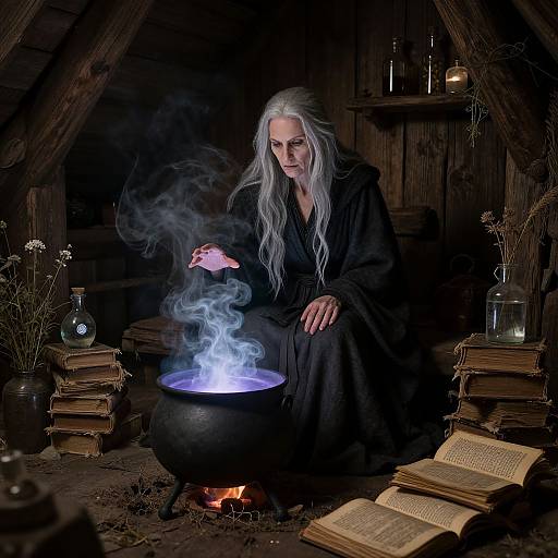 Photograph: Silver-haired wizard in black robe, sitting beside glowing cauldron, surrounded by books, candles, and wooden shelves in dimly lit