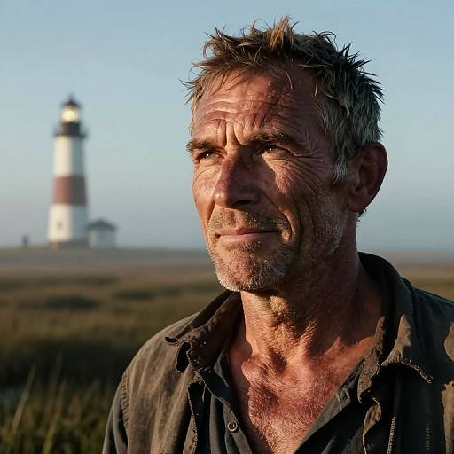 Photograph of rugged, middle-aged man with weathered face and gray hair, wearing a dirty shirt, standing in front of a blurred lighthouse on