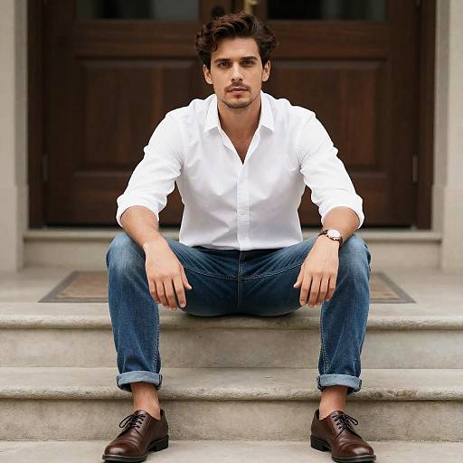 White Shirt Man Sitting on Step