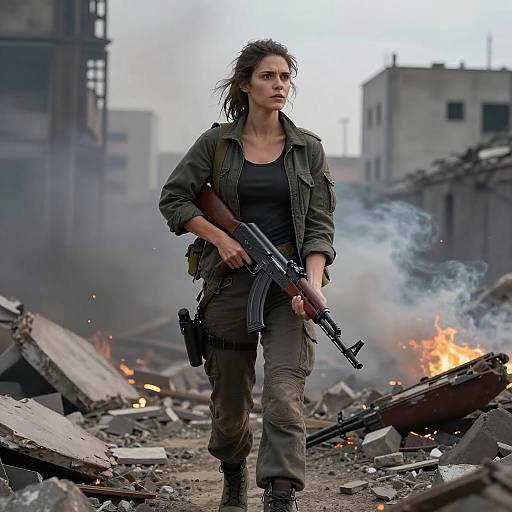 Determined Woman Soldier with Rifle in War-Torn City