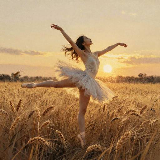 Photograph of a ballet dancer in a white tutu, balancing on one leg in a golden wheat field at sunset.