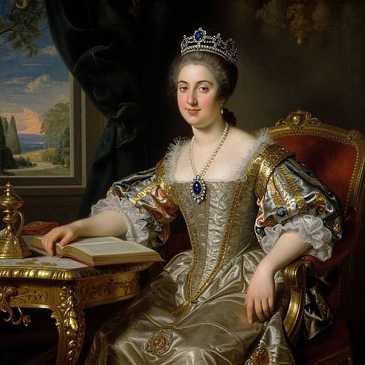 18th-century portrait of a regal woman in a gold and silver gown, pearl necklace, blue gem tiara, seated on an ornate chair