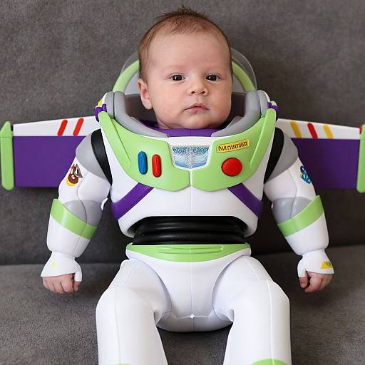 Photograph of a baby with light skin and brown hair, wearing a colorful astronaut costume with a helmet, sitting on a gray couch.