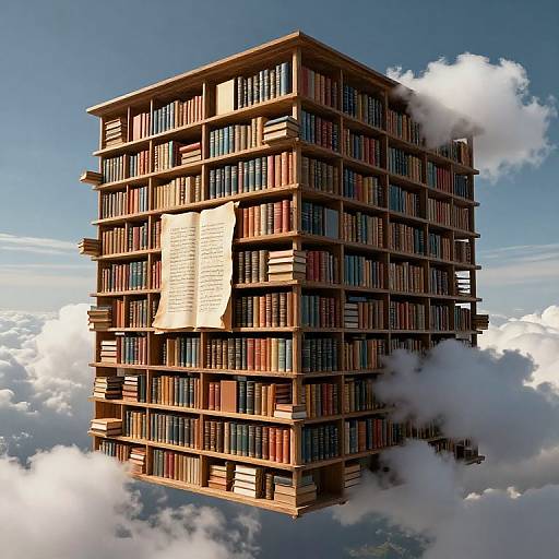 Photorealistic digital image of a towering, wooden bookshelf filled with colorful books, floating among fluffy white clouds against a clear blue sky. A large