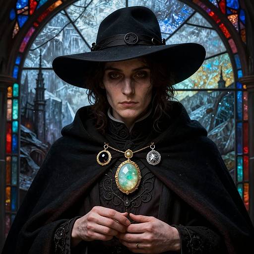 Digital art of a pale, serious young man in a black witch hat and cloak, holding a glowing green pendant, against a stained glass window backdrop.