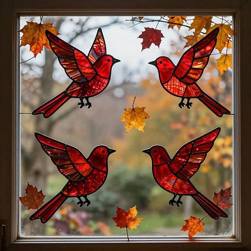 Stained glass window with three vibrant red birds in flight, surrounded by orange and red autumn leaves, set against a blurred outdoor background.