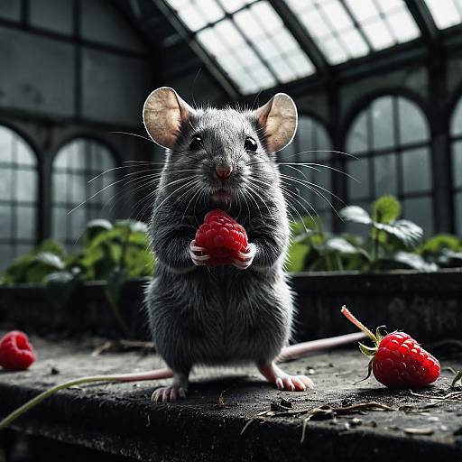 Grey Mouse Holding Raspberry in Victorian Greenhouse