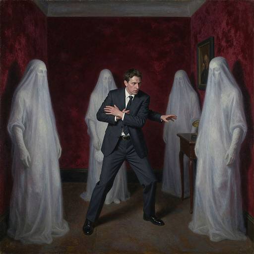 Photograph-style painting of a nervous man in a dark suit, standing in a red-walled room with four ghostly white figures.