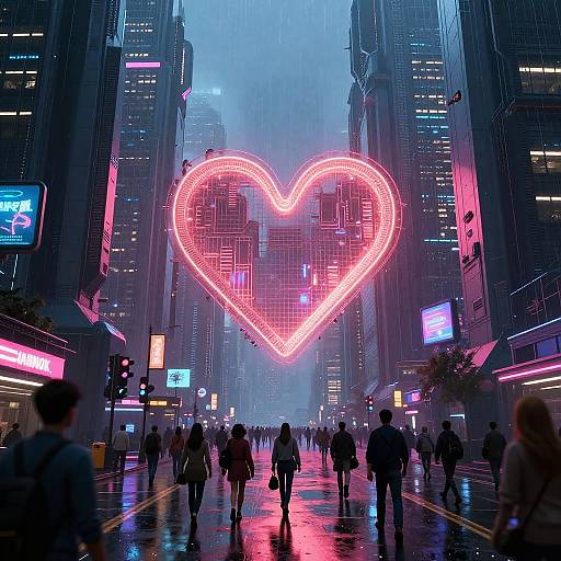 Neon heart-shaped light installation in rainy, bustling urban street at night, with glowing signs and silhouetted pedestrians on wet pavement.