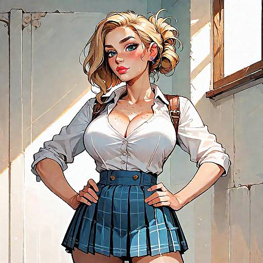 Confident Blonde Woman in Plaid Skirt