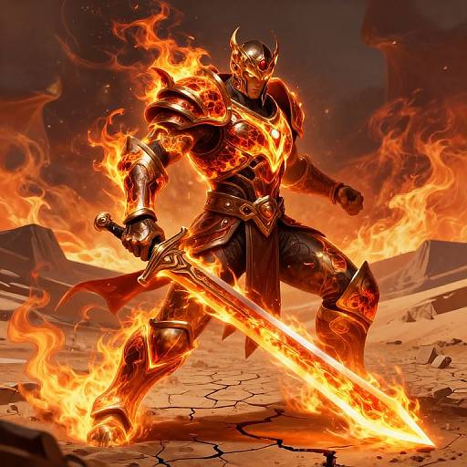 Digital artwork of a fiery, armored warrior with glowing red eyes, wielding a blazing sword, standing in a cracked, fiery desert.