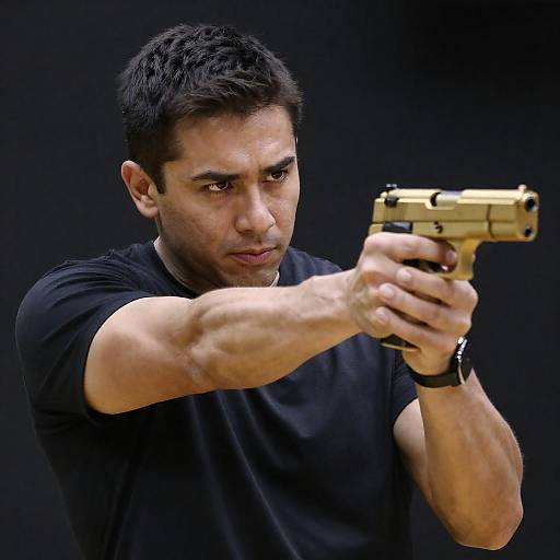 Man Aiming Dual Gold Pistols