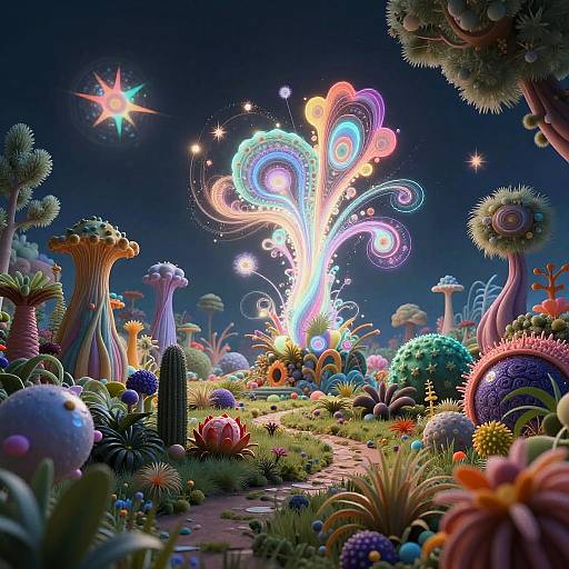 Digital artwork of a vibrant, surreal alien landscape with colorful, glowing plants, neon stars, and swirling light patterns under a dark sky.