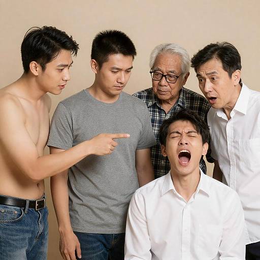 Group of Asian Men Showing Intense Emotions