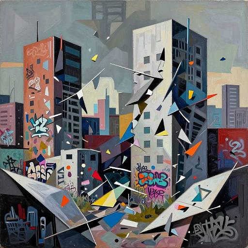 Abstract digital painting of a cityscape with colorful, geometric shapes, graffiti-covered buildings, and fragmented windows, creating a dynamic, urban scene.