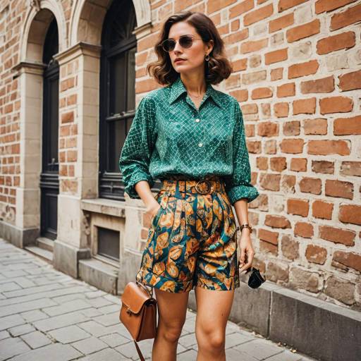 Woman in Patterned Blouse and Tailored Shorts
