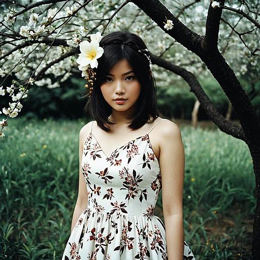 Young Woman in Floral Dress with Hair Flower