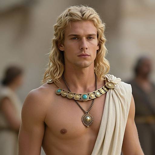 Photograph of a handsome, shirtless man with long blonde hair, wearing a gold and turquoise necklace, draped white cloth, and serious expression, in