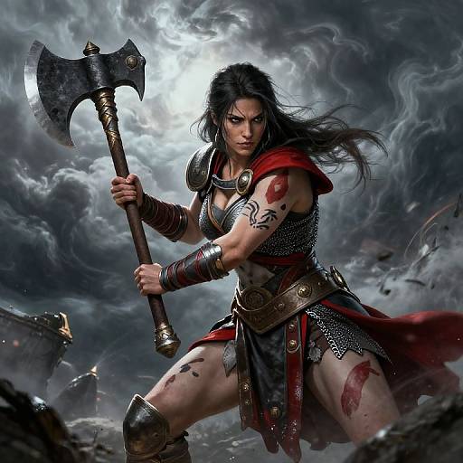 Digital fantasy artwork of a fierce, tattooed, dark-haired warrior woman with a large axe, red cape, and armored skirt, standing amidst a storm