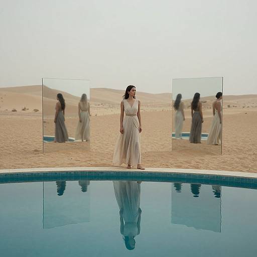 Photograph of a woman in a white, sleeveless, flowing gown standing by a reflective pool in a desert, with mirrored reflections and sand dunes