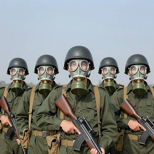 Five Soldiers in Gas Masks Outdoors