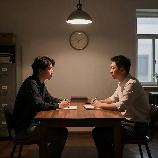 Dramatic Meeting at Dimly Lit Table