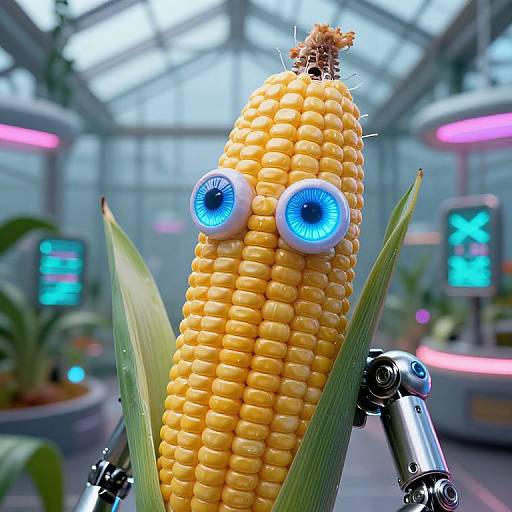 Futuristic Cybernetic Corn in Sci-Fi Greenhouse