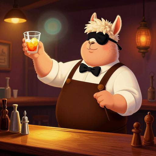 Digital cartoon of a chubby, white-furred, blindfolded anthropomorphic fox bartender in a black apron, holding a drink, in a warm