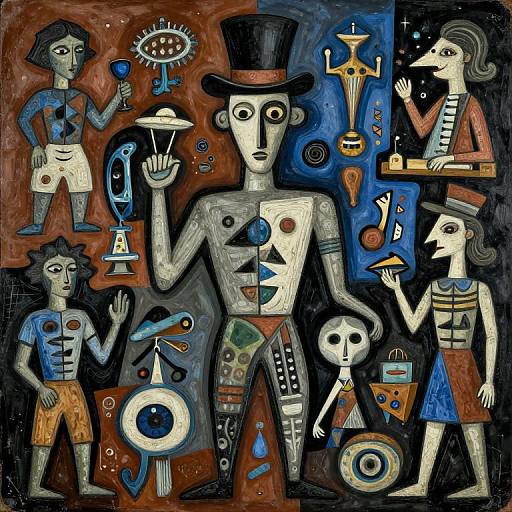 Abstract, colorful painting of five stylized, geometric figures in tribal attire holding various objects, set against a split red and blue background.