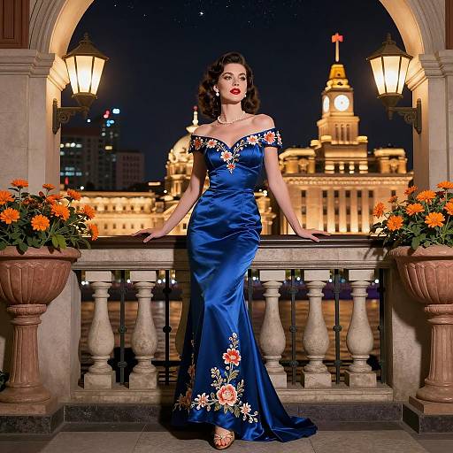 Glamorous Woman in Vintage Blue Satin Gown on Balcony