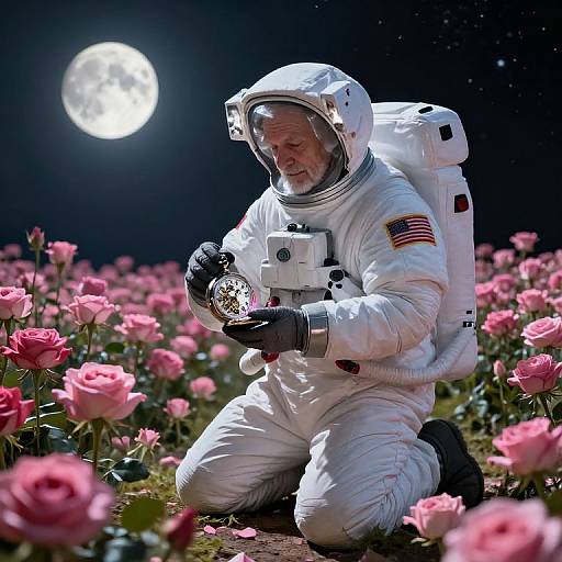 Elderly Astronaut in Surreal Rose Field