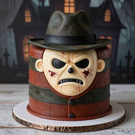 Photograph of a detailed, menacing cake featuring Freddy Krueger's face with a black hat, red and black striped jacket, and bloodstains