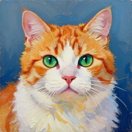 Digital painting of a vibrant orange tabby cat with striking green eyes and white face, set against a blue background. Bold, expressive brushstrokes highlight