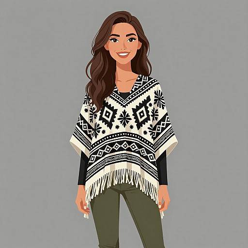 Smiling Bohemian Woman in Geometric Poncho