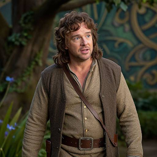 Photograph of a handsome man with wavy brown hair, wearing a brown vest over a green button-up shirt, standing in a lush, forest-like