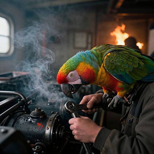 Photograph of a colorful parrot with green, blue, yellow, and red feathers, smoking from a steam pipe in a dimly lit, industrial