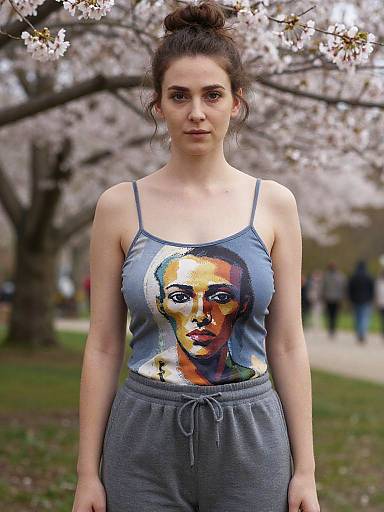 Photograph of a young woman with light skin and dark hair in a bun, wearing a blue tank top with a colorful portrait print and gray sweatpants