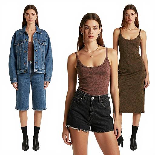 Photograph of a young woman with straight brown hair, wearing three outfits: blue denim jacket and shorts, brown tank top and black shorts, and olive