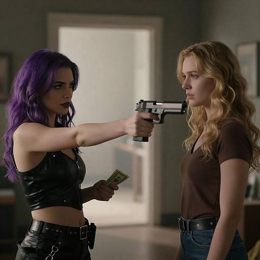 Purple-Haired Woman Pointing Gun at Blonde