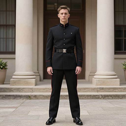 Photograph of a young, serious-looking man in a black military-style uniform with a belt, standing in front of a classical building with columns and p