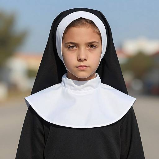 Photograph of a young girl with light brown skin, brown eyes, and brown hair, wearing a traditional black and white nun's habit, standing outdoors