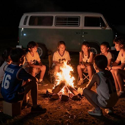 Nighttime Campfire with Kids and Van