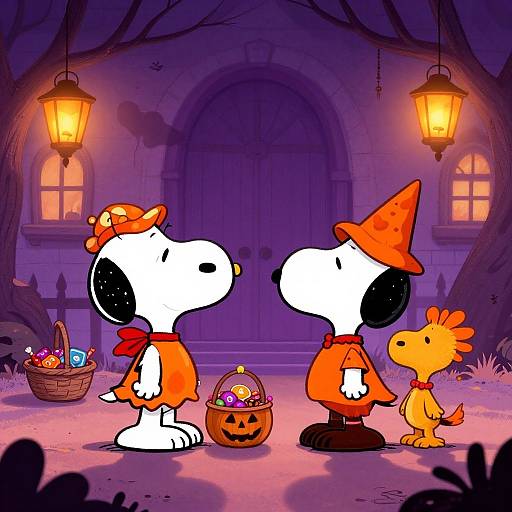 Cartoon image of two white dogs and a yellow dog in orange Halloween costumes, standing by a spooky, purple-lit house. Lanterns hang above