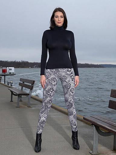 Photograph of a confident woman with black turtleneck, white and black patterned leggings, and black boots, standing by a lake on a concrete