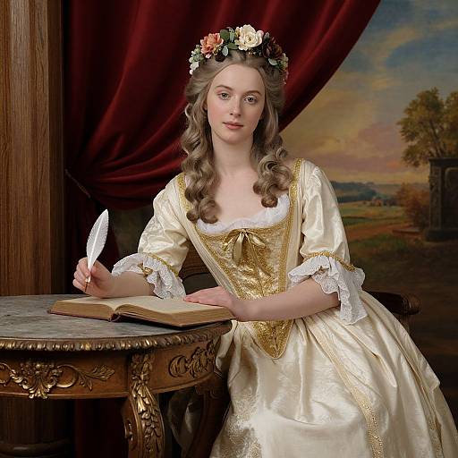 Photograph of a fair-skinned, brown-haired woman in 18th-century cream and gold dress, floral crown, writing with a quill,