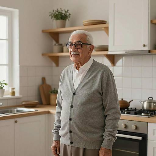 Photograph of an elderly man with white hair, black glasses, gray cardigan, white shirt, standing in a bright, modern kitchen.