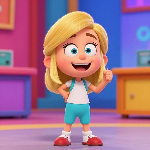 CGI image of a cheerful blonde girl with blue eyes, white shirt, blue shorts, red shoes, and a thumbs-up pose in a colorful,