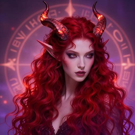 Digital artwork of a red-haired demon woman with glowing red horns, pointed ears, and purple eyes, set against a magical, glowing circular background.