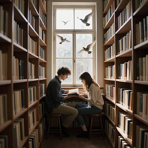 Photograph of a couple sitting in a narrow library aisle, reading together, illuminated by sunlight through a window with flying birds outside.